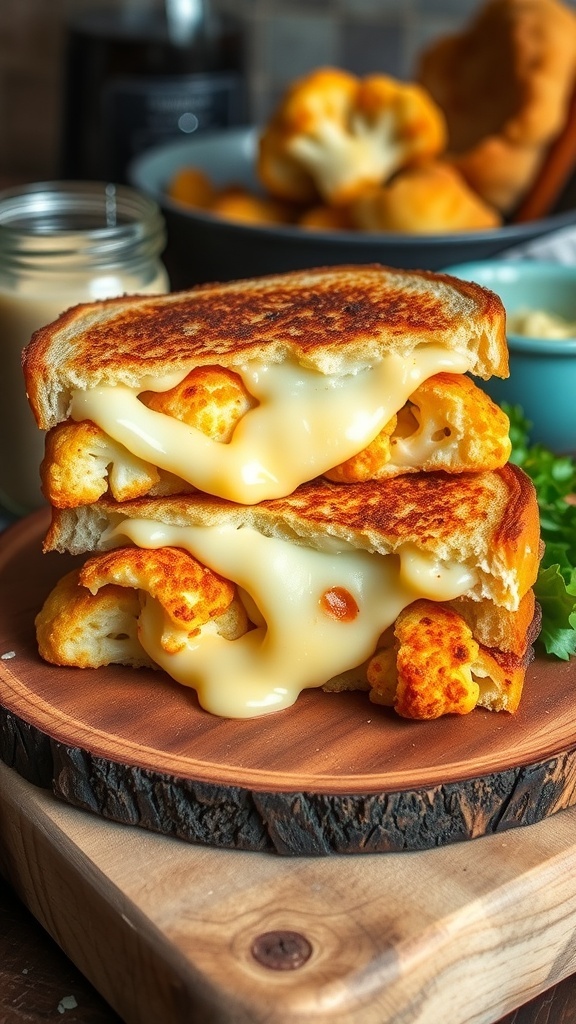 A cauliflower grilled cheese sandwich with melted cheese, served on a wooden board with greens.